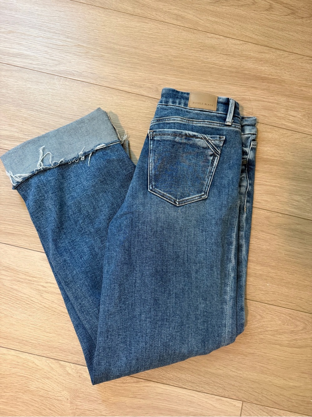 BKE Women's Blue Wide Leg Jeans with Raw Hem